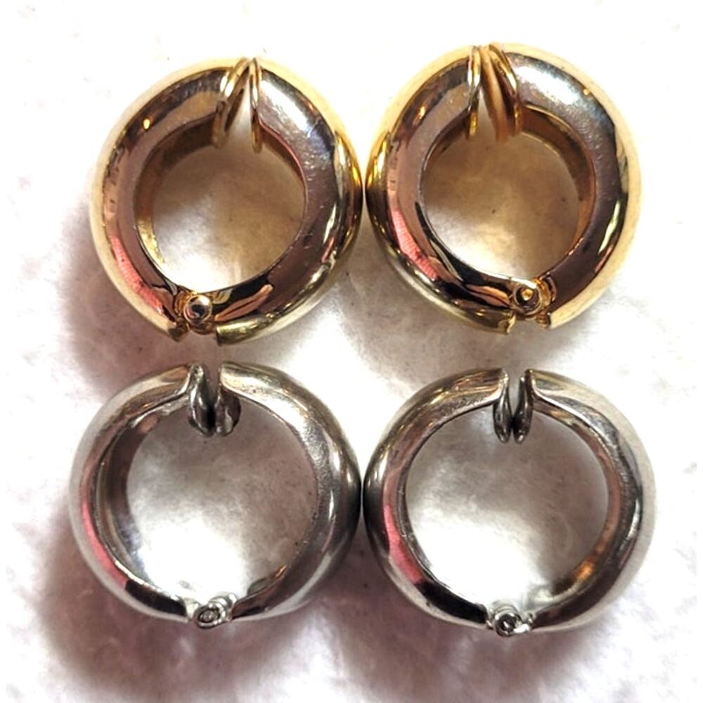 2 Pairs Clip On Hoops Earrings Lot Goldtone Silvertone Chunky Huggie Thick 1"